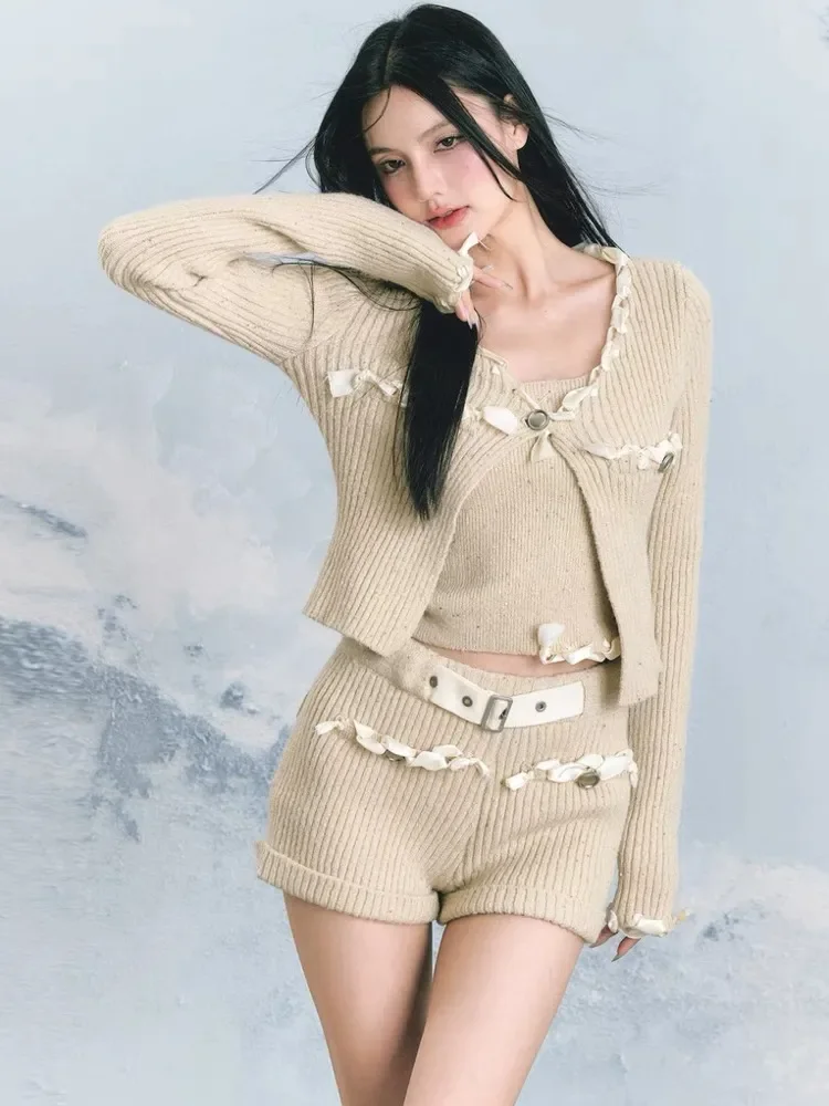 2023 autumn winter clothes Korean knitwears Cardigan + Camisole + pant sets Sweater Women Outfits roupas feminina y2k short sets