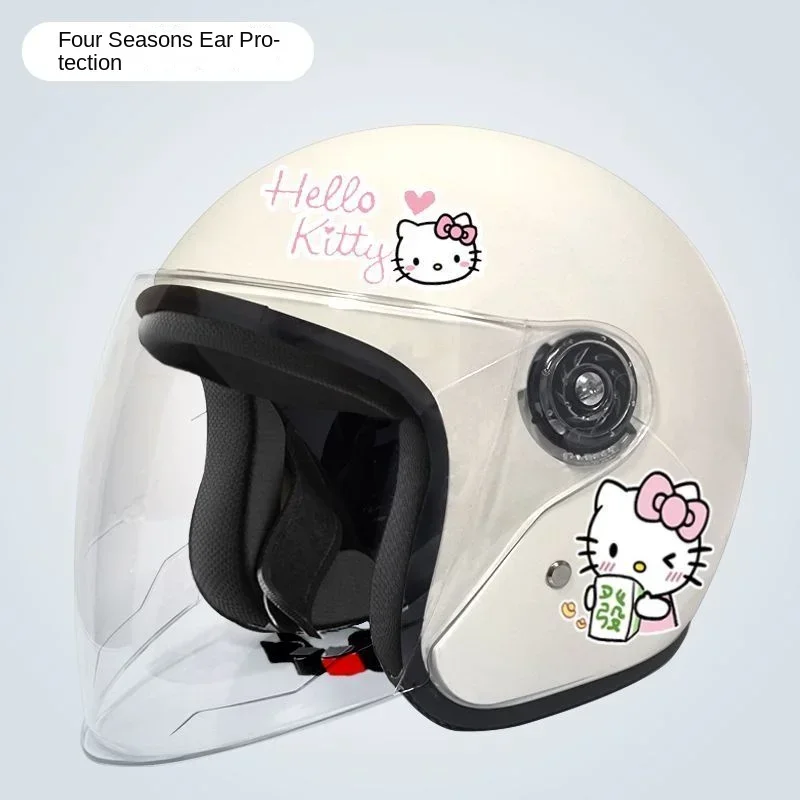 

Sanrio Hello kitty Electric Car Helmet Female 3C Adult Helmet Cute with Ears Fall and Winter Warm Long Lens Helmet Waterproof