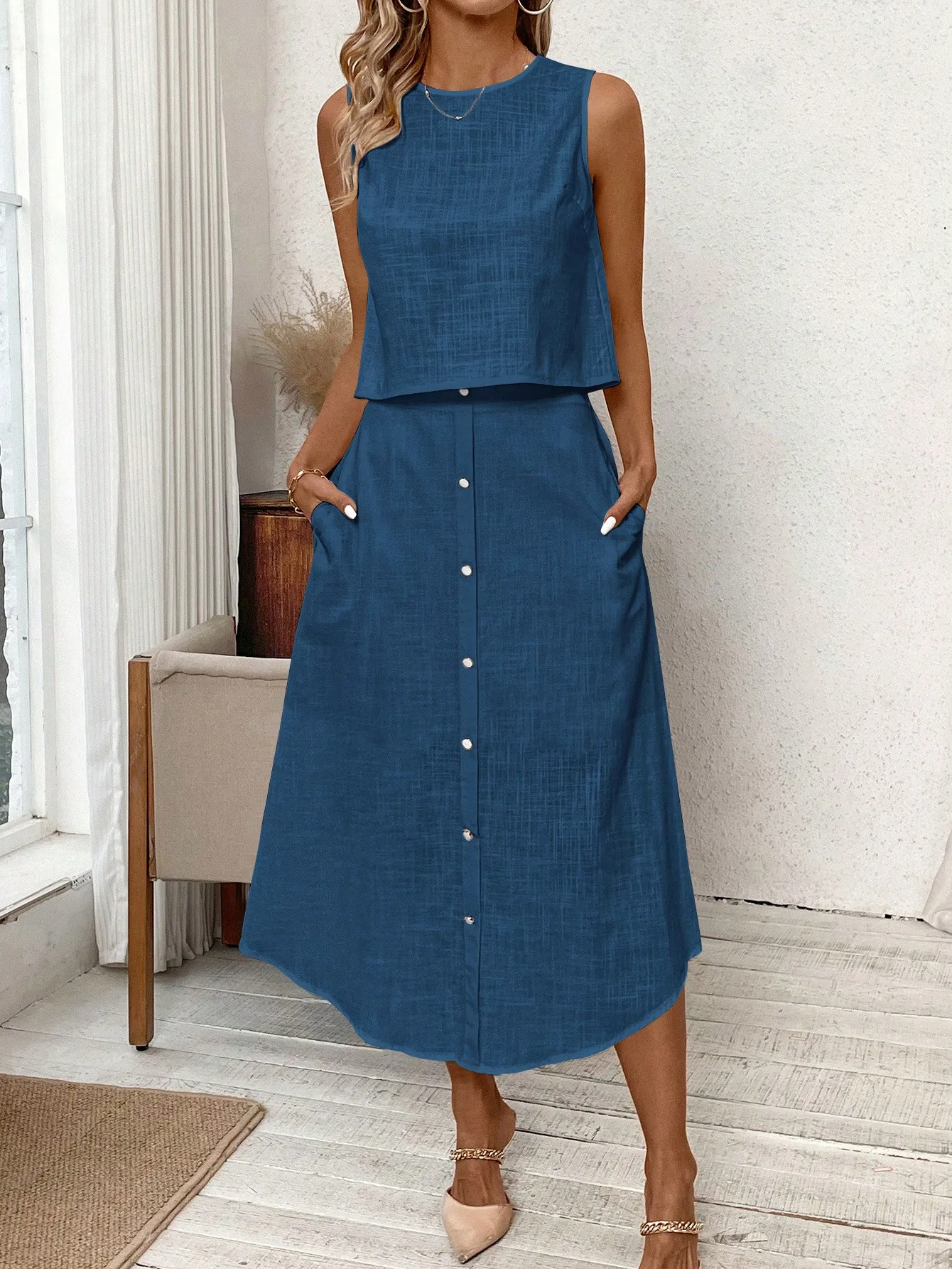 2024 new Europe and the United States cross-border linen suit breathable sleeveless round collar vest ➕ half skirt two-piece set