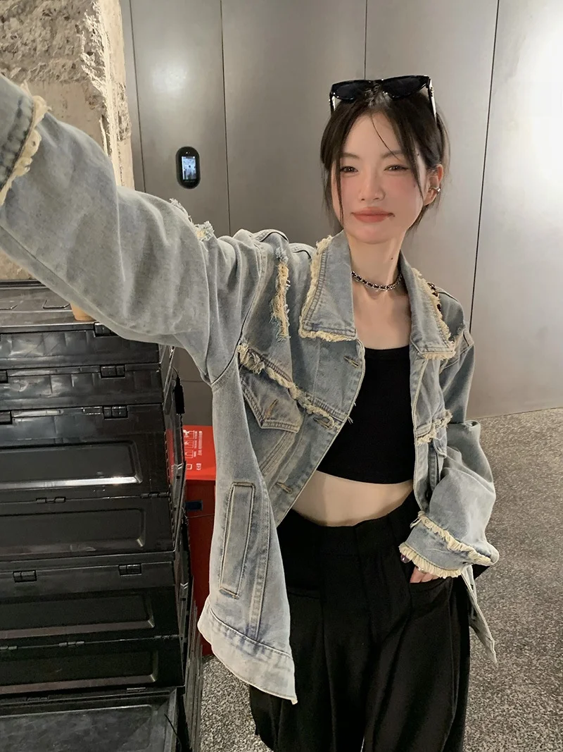 Damska kurtka dżinsowa w stylu retro, na wiosnę i jesień, luźna, uniwersalna, z postrzępionym dołem, oryginalny design, zapinana na zamek.
