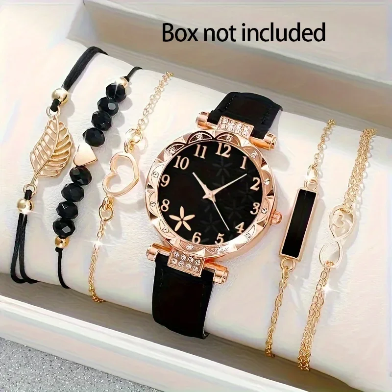 1pc/6pcs - Women's Watch Fashion Rhinestone Ladies Analog Quartz Watches Bracelet Set Girls Clock Gift