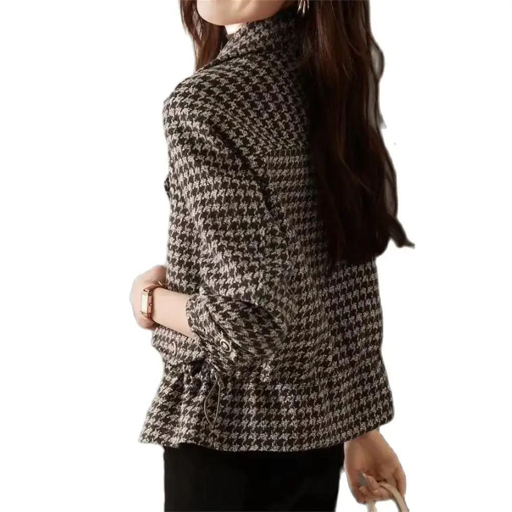 

Pop Women Woolen Blazer Double Breasted Plaid Female Suit Jacket Fashion Korean Outerwear Loose Blaser Coat New Vintage Houndsto