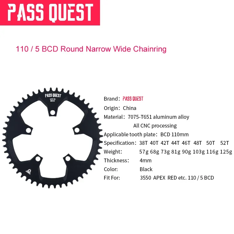 PASS QUEST 110BCD 5 paw Round Narrow Wide Chainring Road Bike ChainWheel 42T 44T 46T 48T 50T 52T Crankset Tooth For 3550 APEX