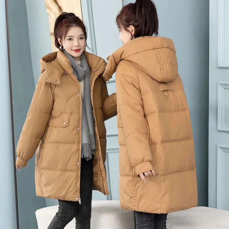 Mid-Long Down Cotton Jacket Women Korean Loose Puffer Coat 2023 New Thicken Warm Padded Parkas Hooded Manteau Femme Hiver 3XL