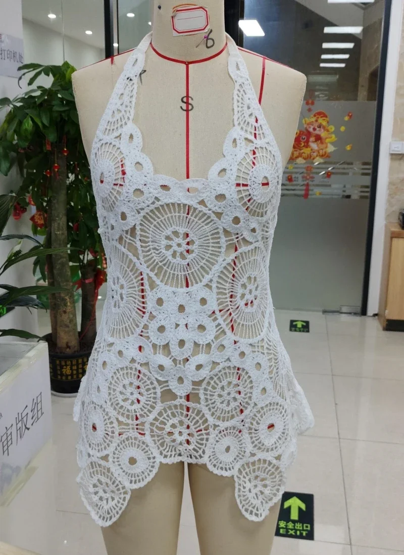 Robe de maillot de bain en Crochet à fleurs pour femmes, Cover-Up de plage, Slim, col en U, ajouré, sans manches, ourlet irrégulier, Mini robe de plage