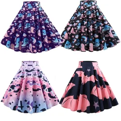 Ghost Bat Print Halloween Midi Skater Skirt Women High Waist Hepburn Vintage Skirts Casual Cotton A-Line Party women's Clothing