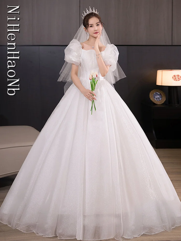 White Bridal Dresses Square Collar Puff Sleeves A Line Corset Wedding Dresses Robe Mariage