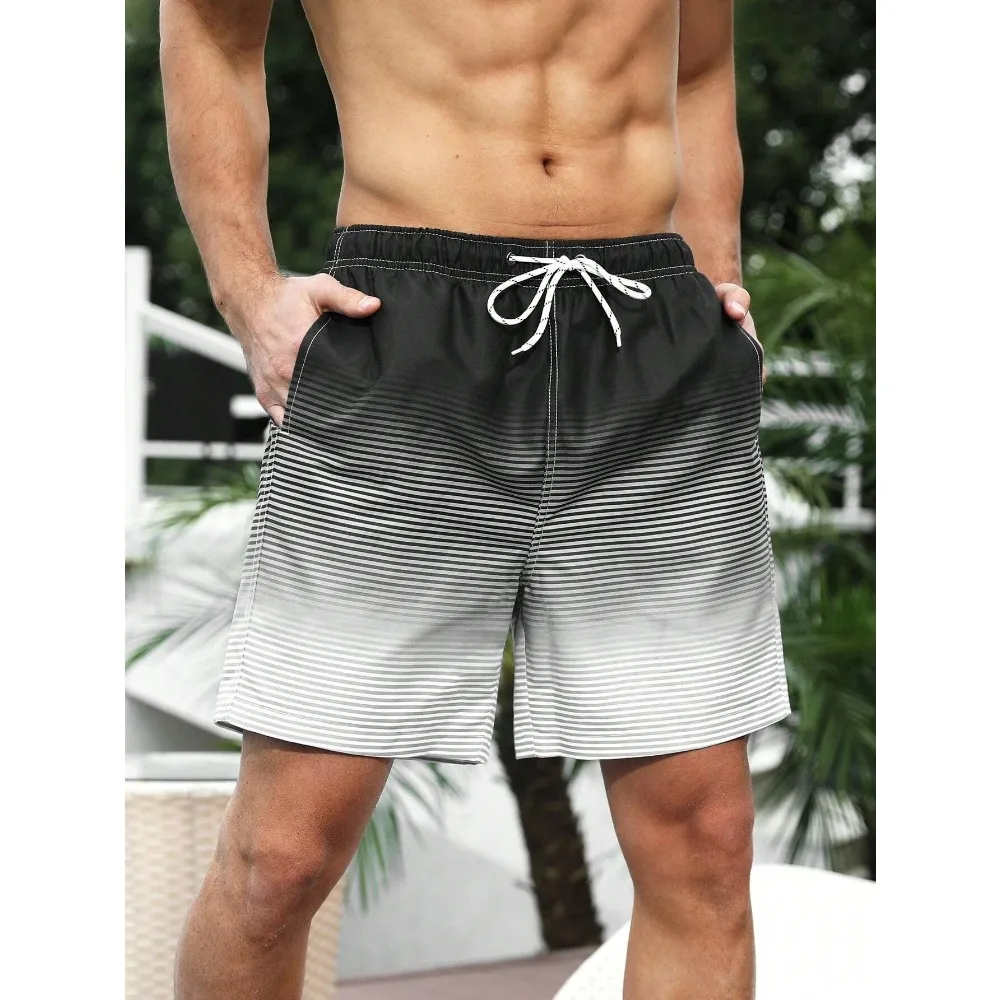 2025 Summer New Hawaii Vacation Beach Shorts Men's Casual Half Pants 3D Printed Striped Gradient Swimming Pants Beach