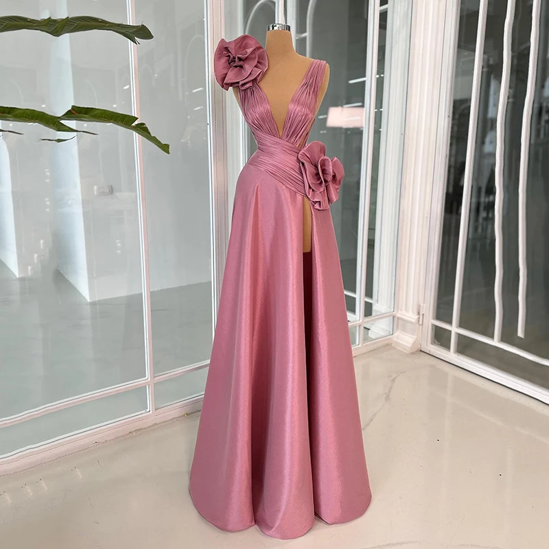 

Thinyfull Formal Long Prom Evening Dresses V-Neck Sleeveless A-Line Split Party Dress Simple Cocktail Gowns Saudi Arabia Dubai