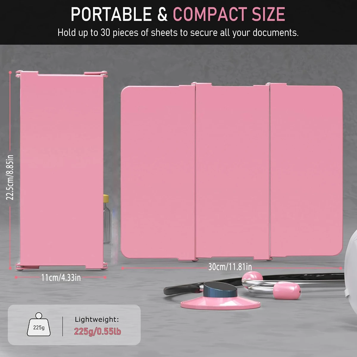 Pink folding writing board, 3-layer folding board, cheat sheet, nursing pocket size, pen holder, clinical clipboard