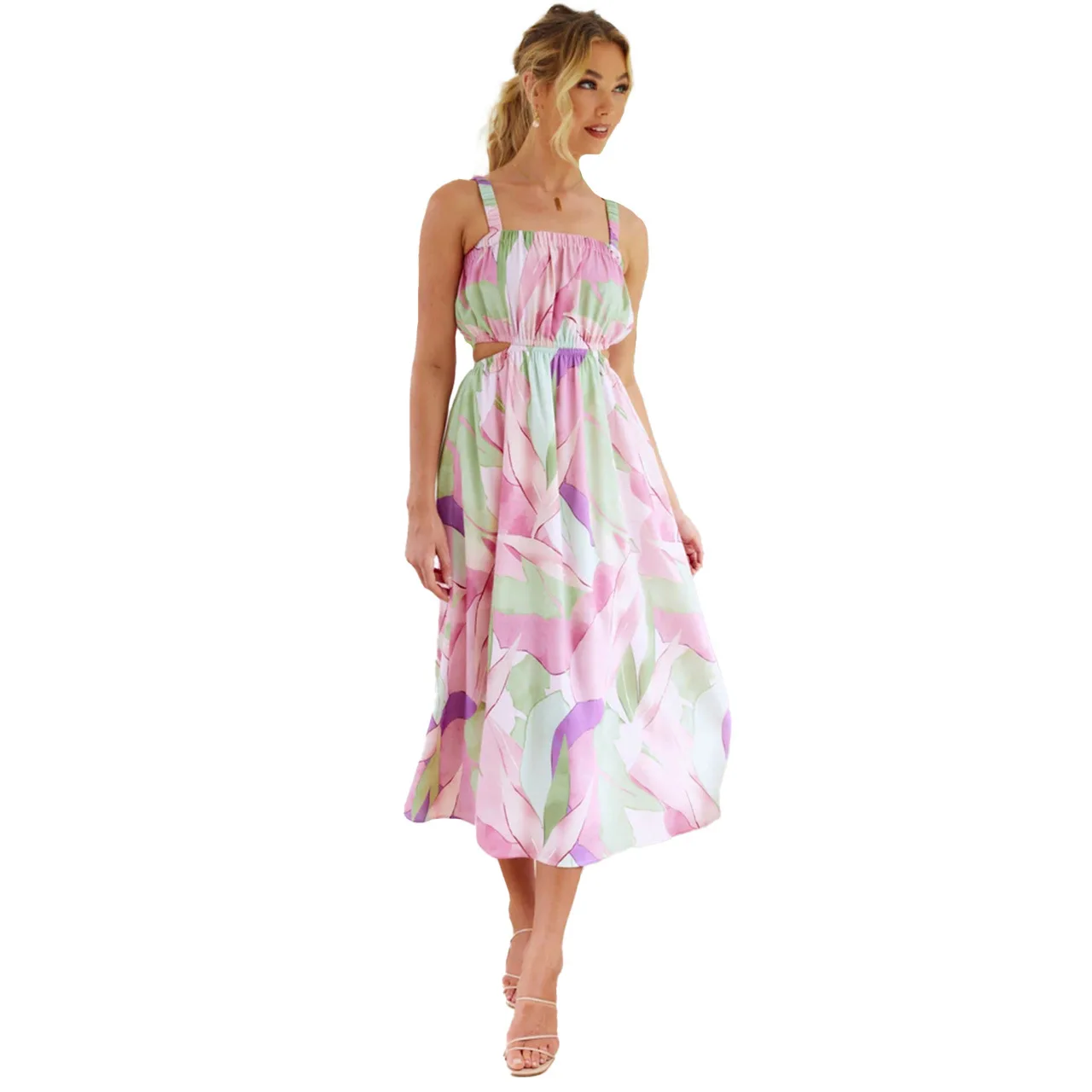 Nouvelle mode européenne et américaine printemps et été décontractée impression numérique taille creuse robe à bretelles 2