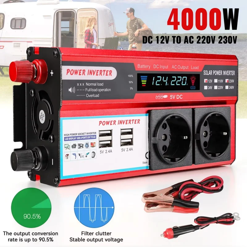 Inversor de onda sinusoidal pura de 4000W, transformador de 12V a 220V/230V 50/60HZ con 4 enchufes USB EU para carga y pantalla LED
