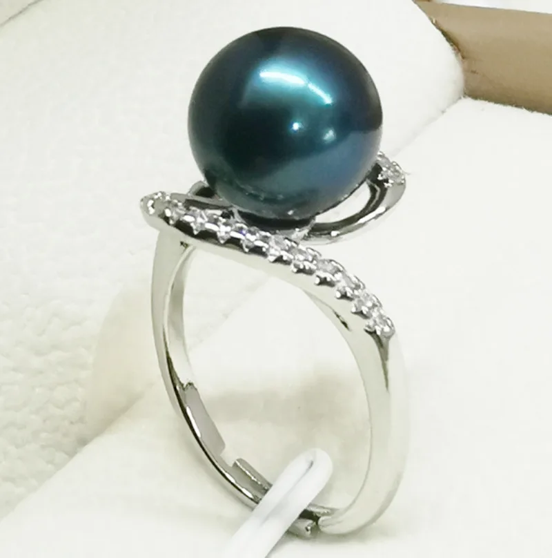 

Charm Natural 11-12mm Black Perfect Round Pearl Ring Adjustable Size AAA