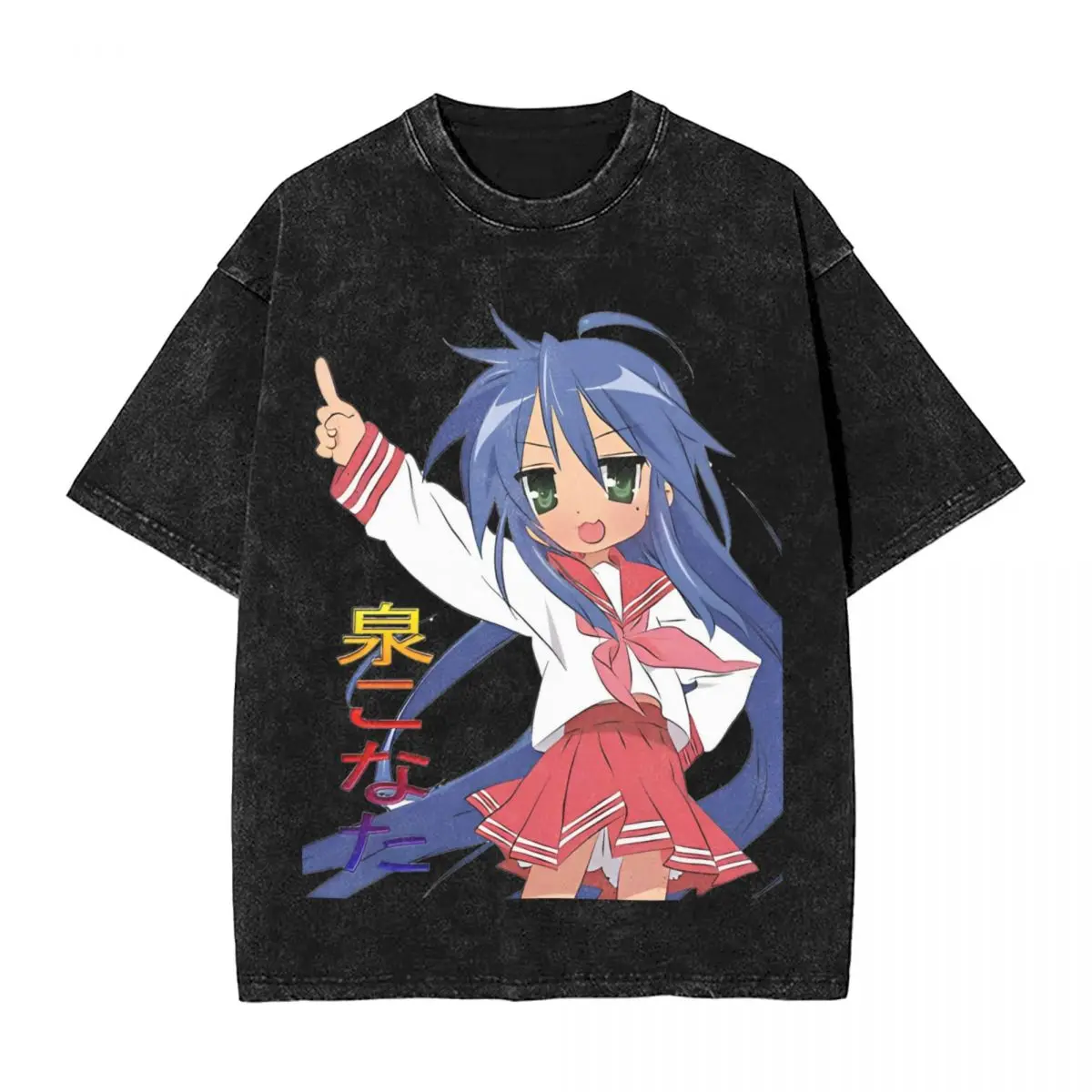 Lucky Star Anime Konata Izumi T Shirts Washed Short Sleeve High Street T-Shirt Casual for Men Women Tops Streetwear Printed Tees