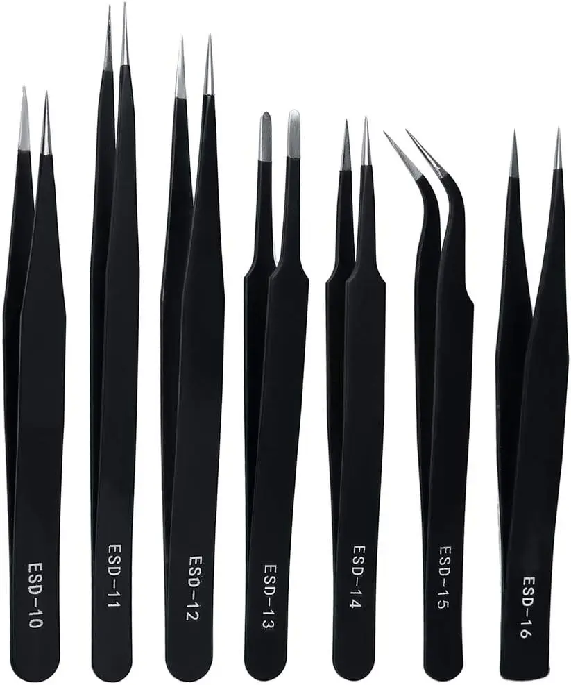 

7-Piece Stainless Steel ESD Anti-Static Tweezers Set for Electronics, Jewelry Making, Lab Work, Repair