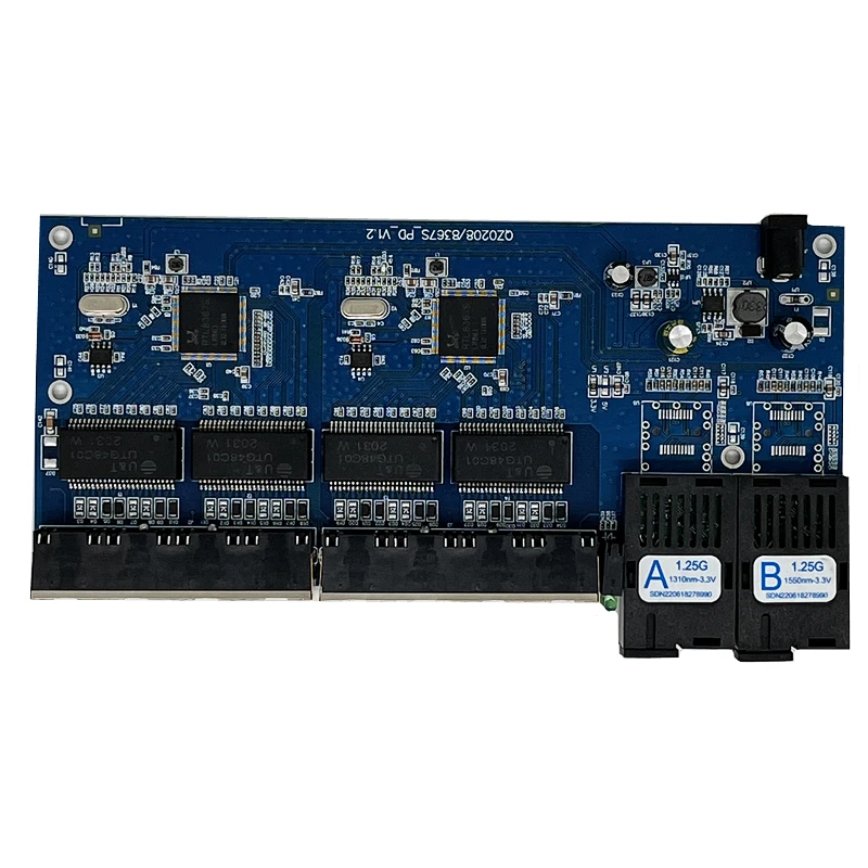 Fibra Óptica PCB Board Converter, Single Mode Fiber Port, Gigabit Ethernet Switch, 8 RJ45 UTP e 2 SC, 10 m, 100 m, 1000m, 1.25G