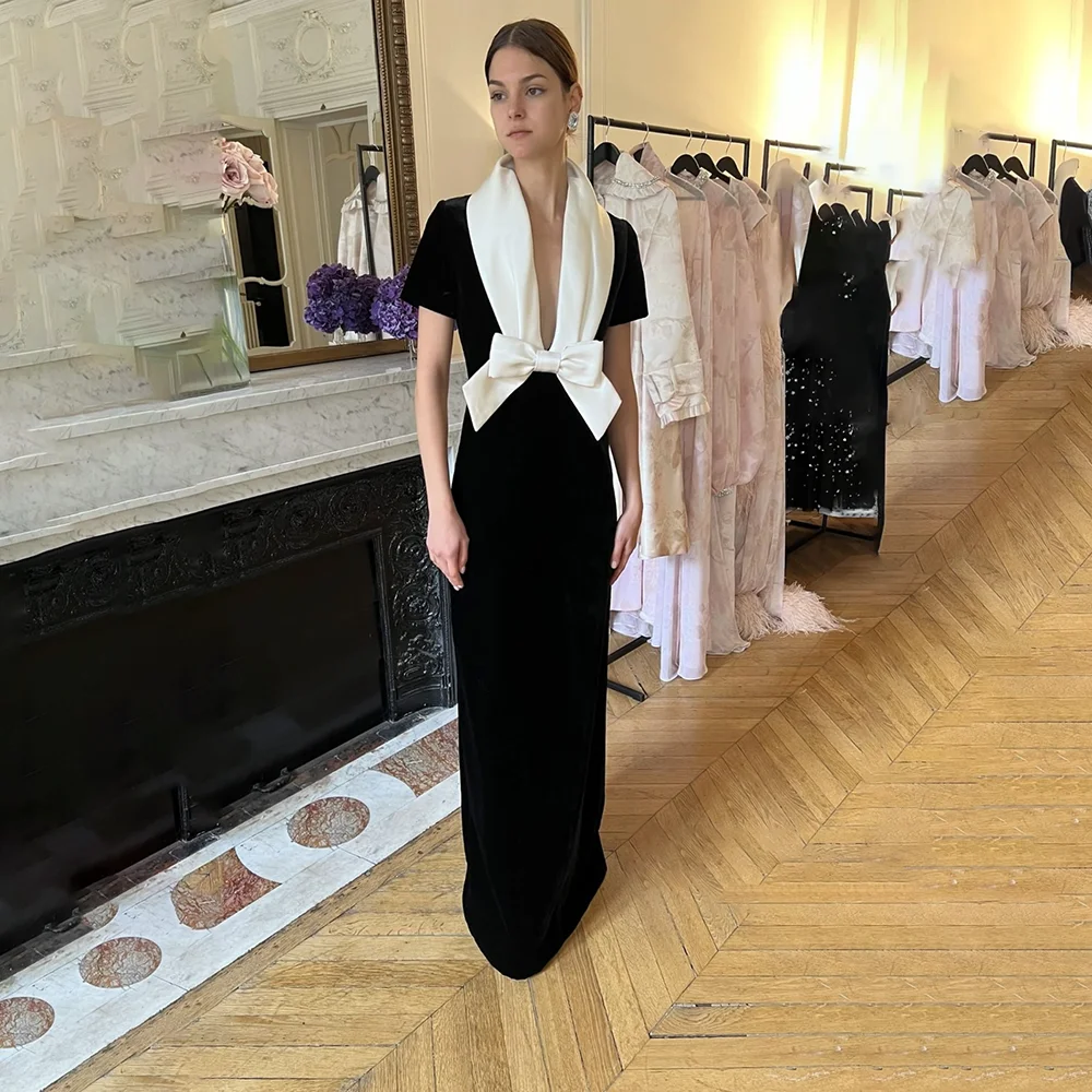 

Customized Evening Dresses With Bow V-neck Floor Length Prom Dresses For Women Wedding Cocktail Party Dress Vestidos De Festa