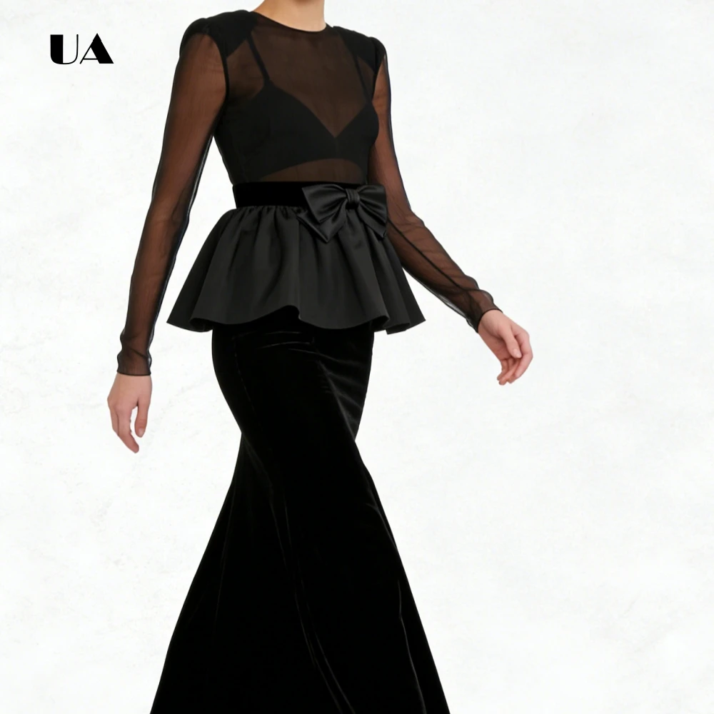 ULBYANRY Abito da ballo trasparente in velluto con strato di raso e fiocco, abito da sera drappeggiato con scollo a O solido, elegante abito da festa personalizzato