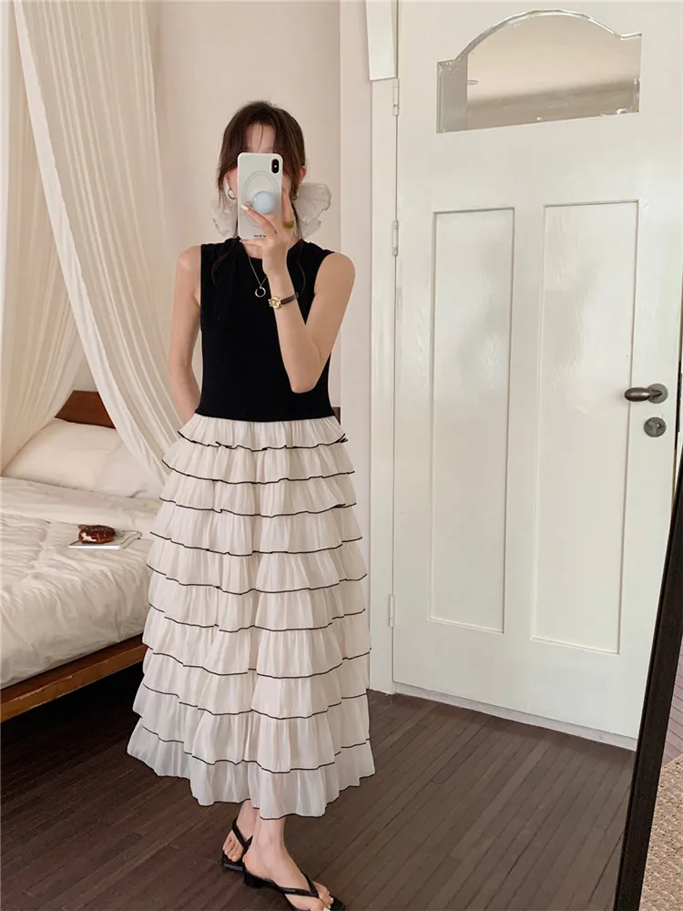 Coreano retro cor contraste babados em camadas bolo vestido o pescoço falso 2 peça sem mangas de malha retalhos tanque colete vestido vestidos