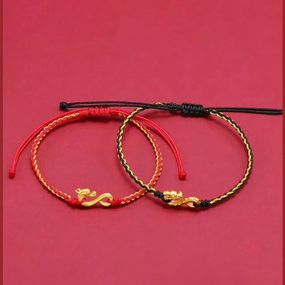 Pure 24K Yellow Gold Bracelet for Women, Real Gold Dragon Hook Lover Wrist Chain Gift Red String Bracelet for Male Female Couple