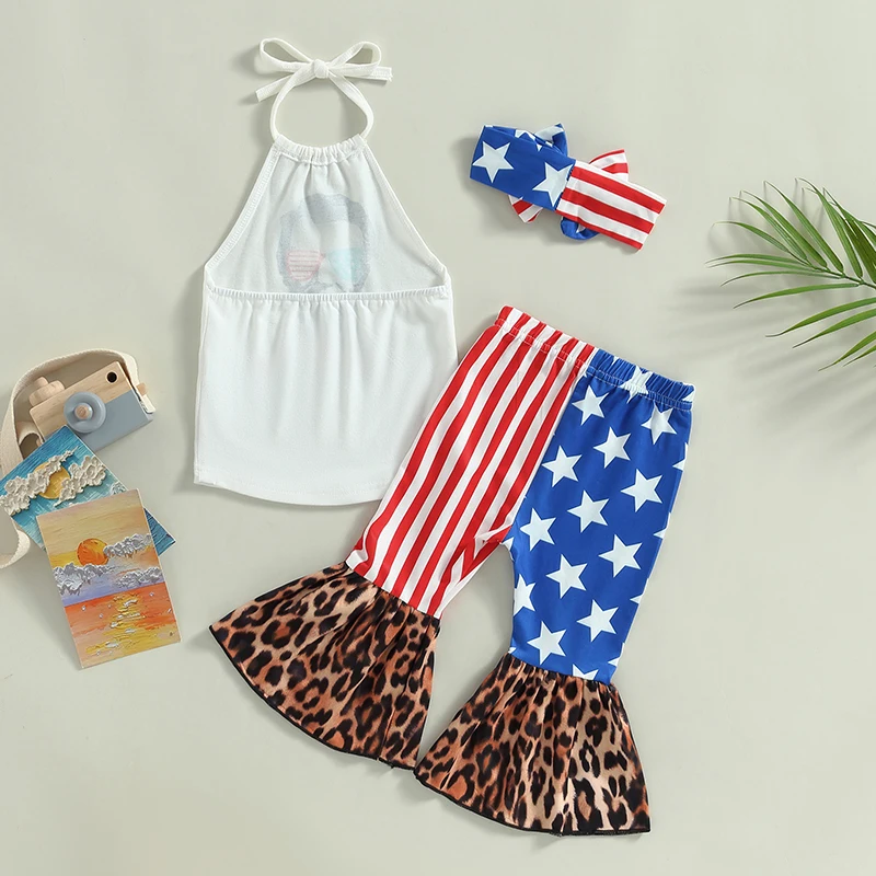 

Fourth of July Baby Outfit Set Sleeveless Halter Top Striped Flare Pants Headband 3 Piece Set Red White Blue Stars