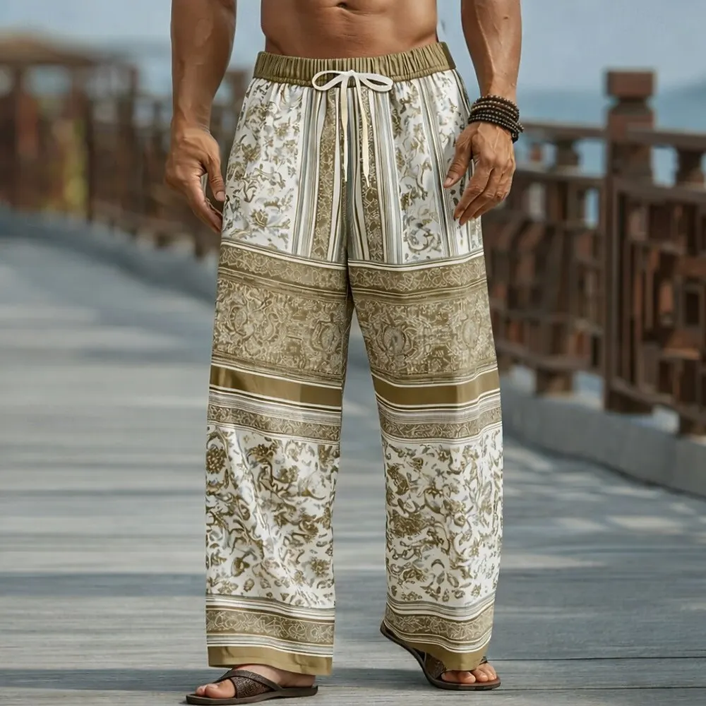 Herren 3D Blumenmuster Ethno-Print Freizeithose, Baggy Mid-Waist, Elastischer Kordelzug, Frühling/Sommer 2026 Urlaubshose – Detail 5