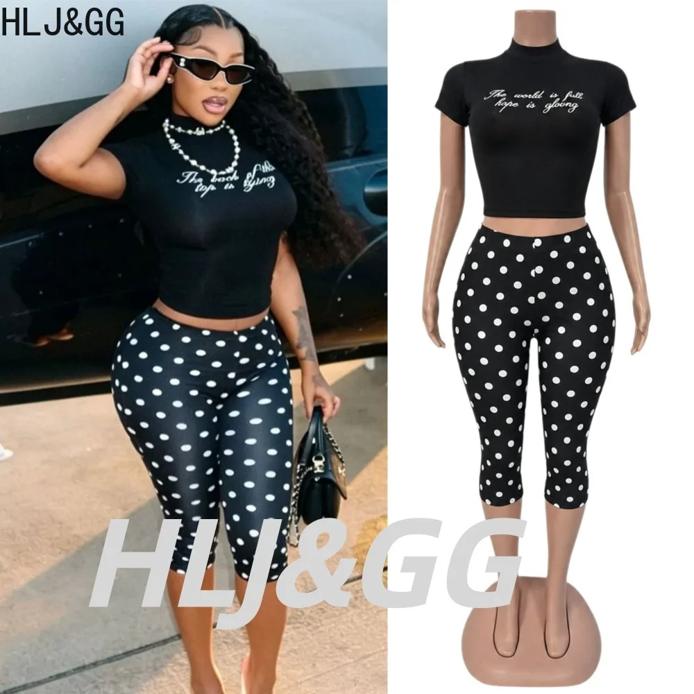 HLJ&GG Sexy Polka Dot Printing Two Piece Set Women Short Sleeve Slim Crop Top and Capri Pants Y2K Streetwear Party Club Outfits