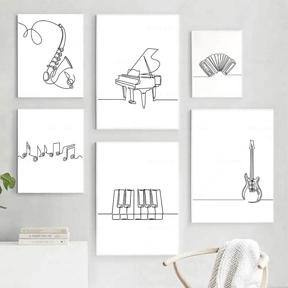 Nordic Piano Guitar Saxophone Line Draw Wall Art Canvas Poster Music Print Abstract Minimalist Painting Picture Living Room Deco