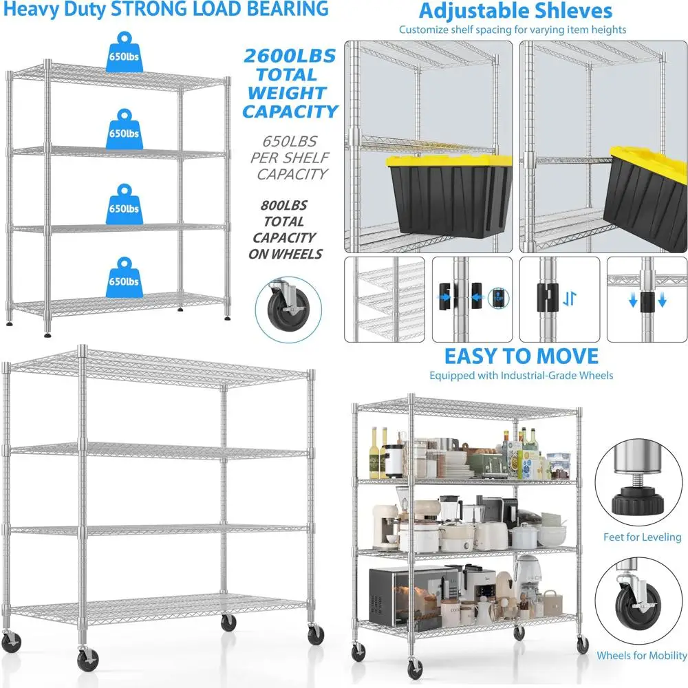 

Commercial 4-Tier Adjustable Chrome Wire Shelving on Wheels, 24x48x72, for Garage, Pantry, Kitchen Storage