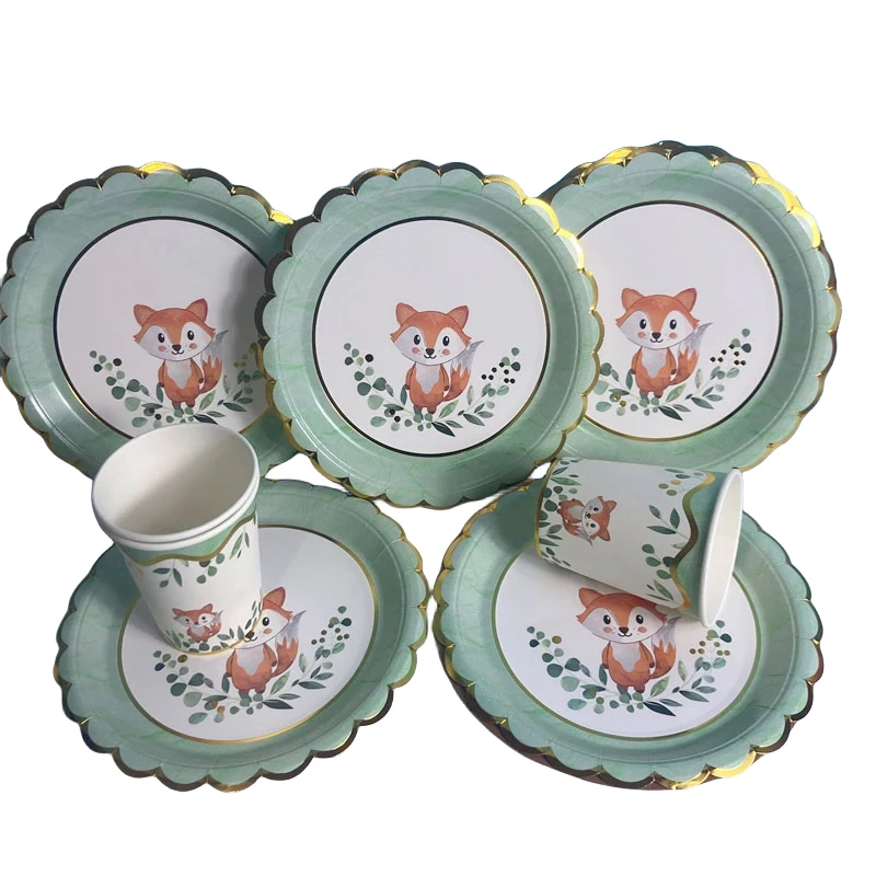 8Pcs Hot Golden Fox Forest Animal Disposable tableware Paper Tray Cup Kids Happy Birthday Party Baby Shower Decor Supplies