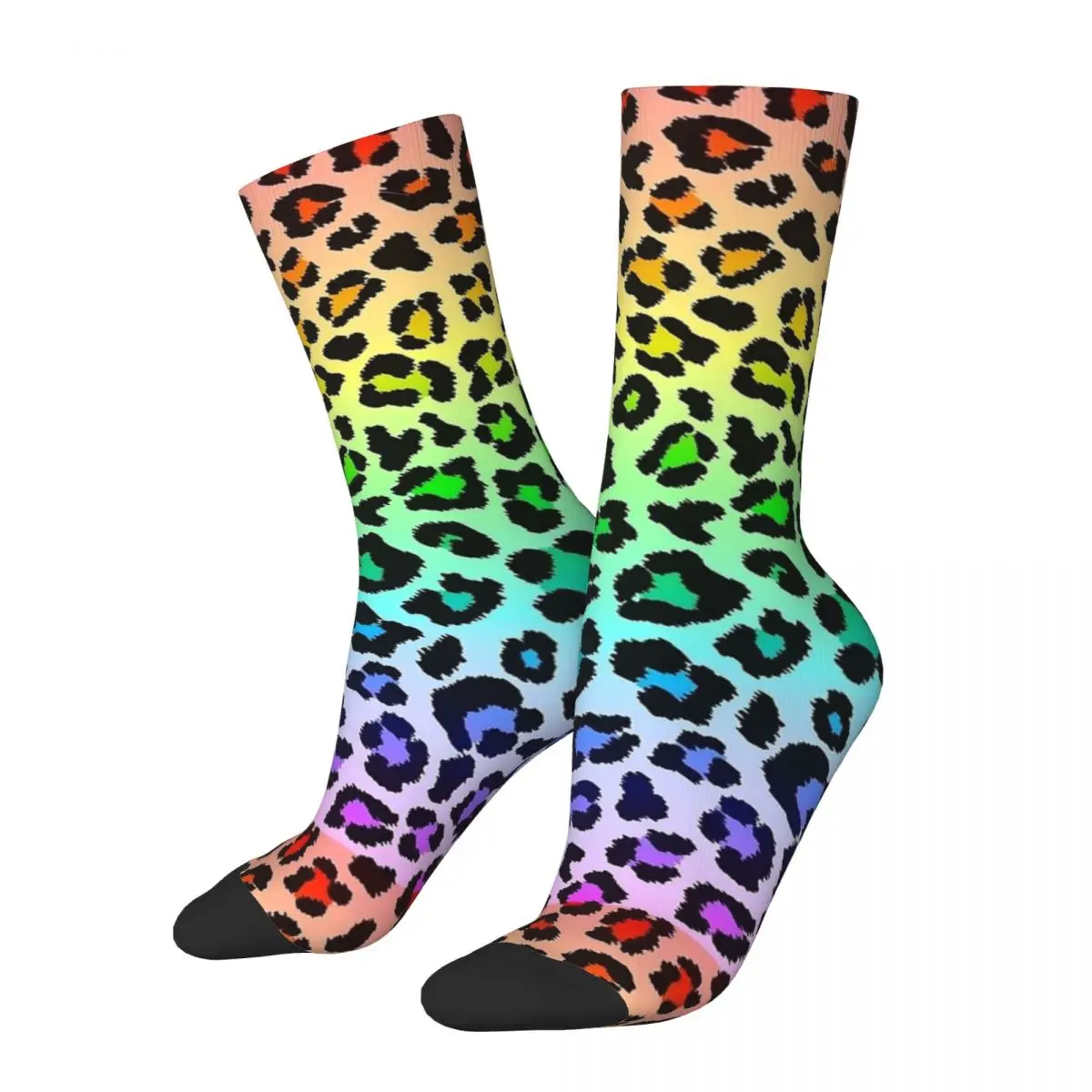 Bright Rainbow Ombre Gradient Leopard Print Pattern Stockings Men Animal Socks Quality Fashion Socks Outdoor Non Slip Socks Gift