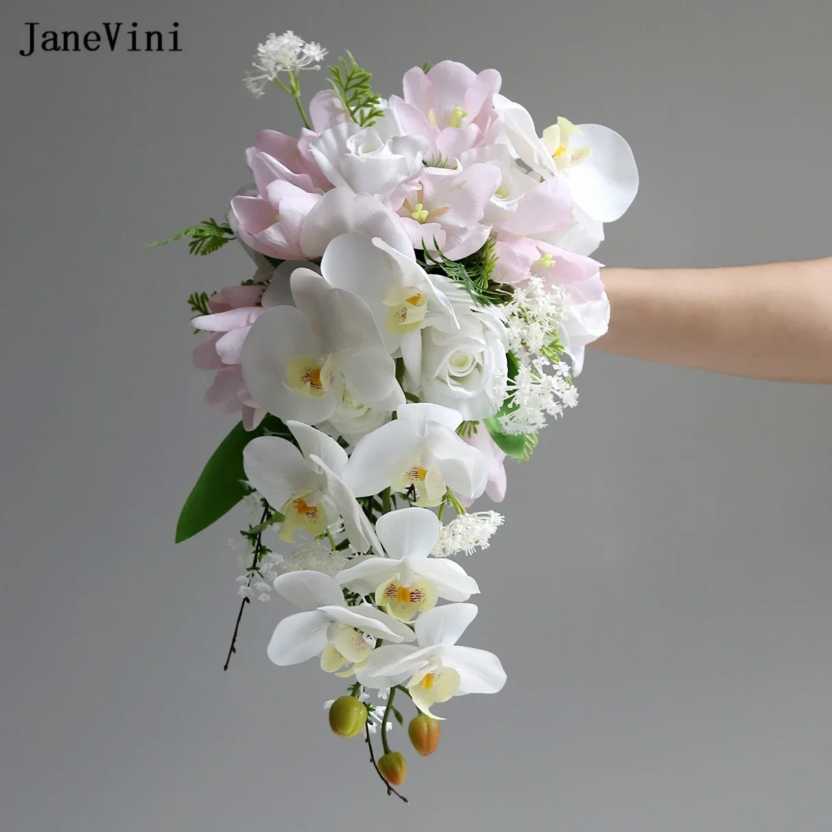 JaneVini 2025 Pink Waterfall Wedding Bouquets Artificial Silk Roses Real Touch Cascading Butterfly Orchid Bridal Bouquet Flowers