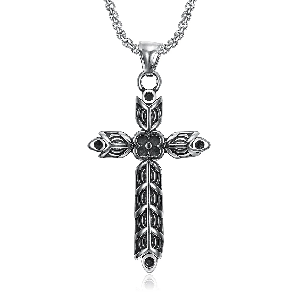 Unique Viking Flower Cross Pendant Necklace For Men Women Stainless Steel Fashion Carving Necklaces Punk Biker Amulet Jewelry