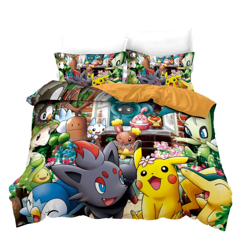 Bedding Set 3D Printed Anime Bedding Set Pikachu Quilt Duvet Family Decoration Home Warm Textile Cover Bedclothes Set