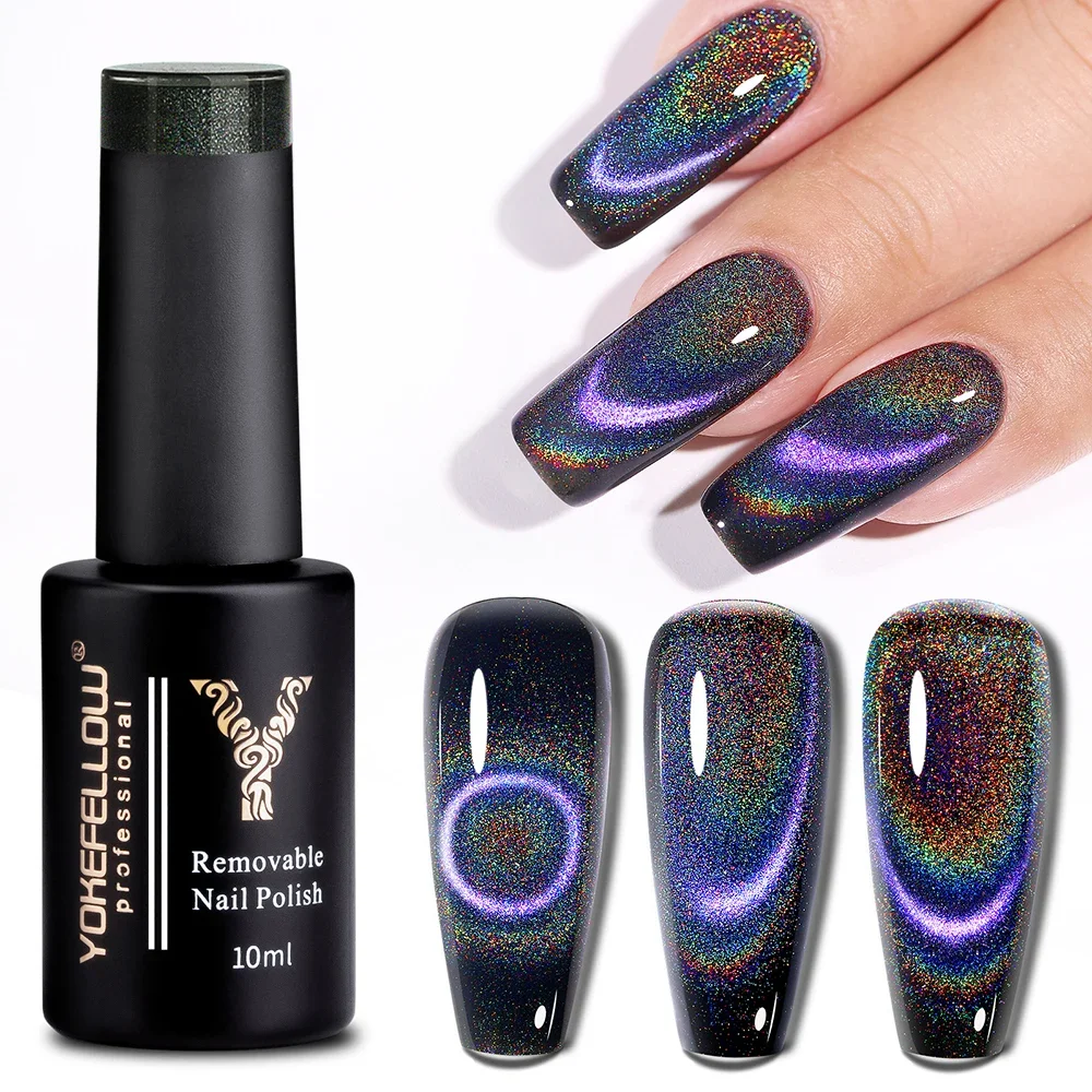 YOKEFELLOW 2023New Holographic Shimmers Cat Eyes Magnetic Gel Nail Polish DC05 Mixed by Black Clear Semi permanent Gel Varnishes