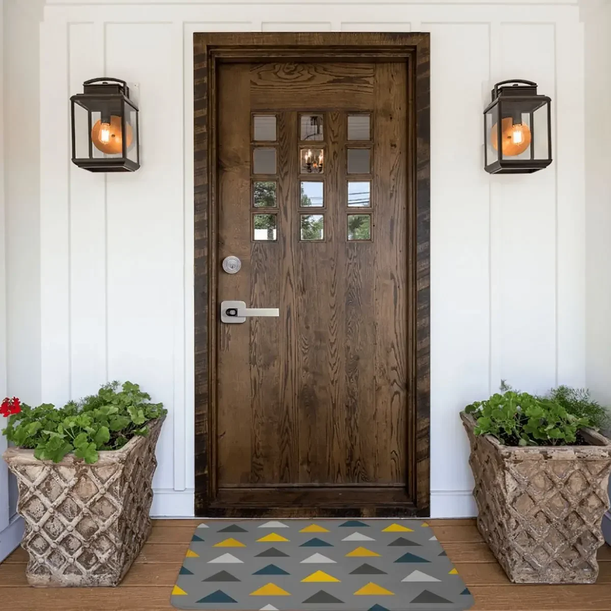 Geometric Triangles Pattern In Mustard, Grey And Blue Doormat Rug carpet Mat Footpad Anti-slip Corridor Kitchen Bedroom balcony