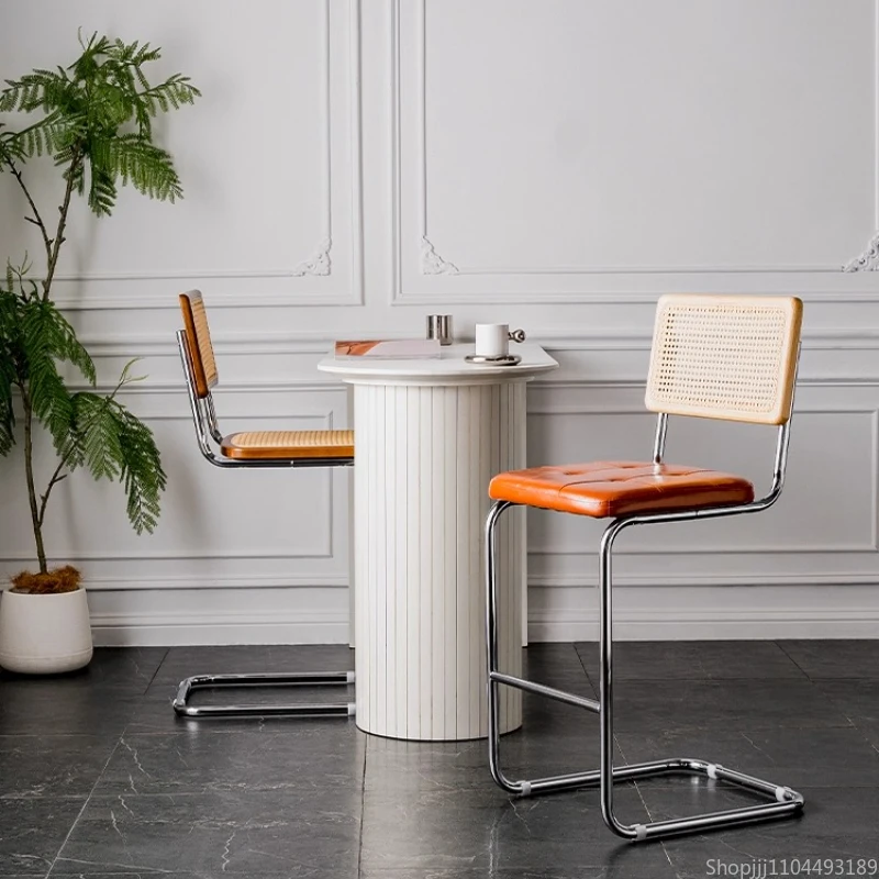 

Nordic Minimalist Rattan Bar Stools Designer's Retro High Stools Home Stainless Steel Dining Chairs Living Room Furniture
