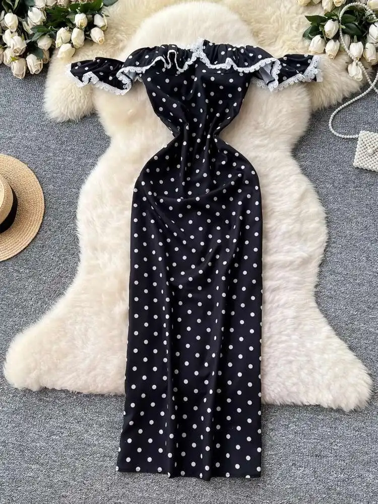 

Women French Polka Dot Dress Summer Lace Patchwork Sexy Off Shoulder Elegant Bodycon Dresses Ladies Slim Vintage Party Robe
