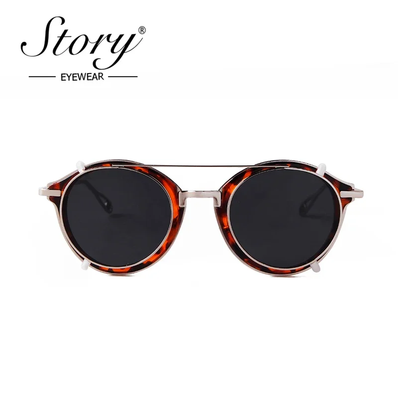 STORY Vintage Steampunk Clip on Sunglasses Men 2020 Fashion Classic Leopard Metal Round Removable Flip Lens Sun Glasses S1810