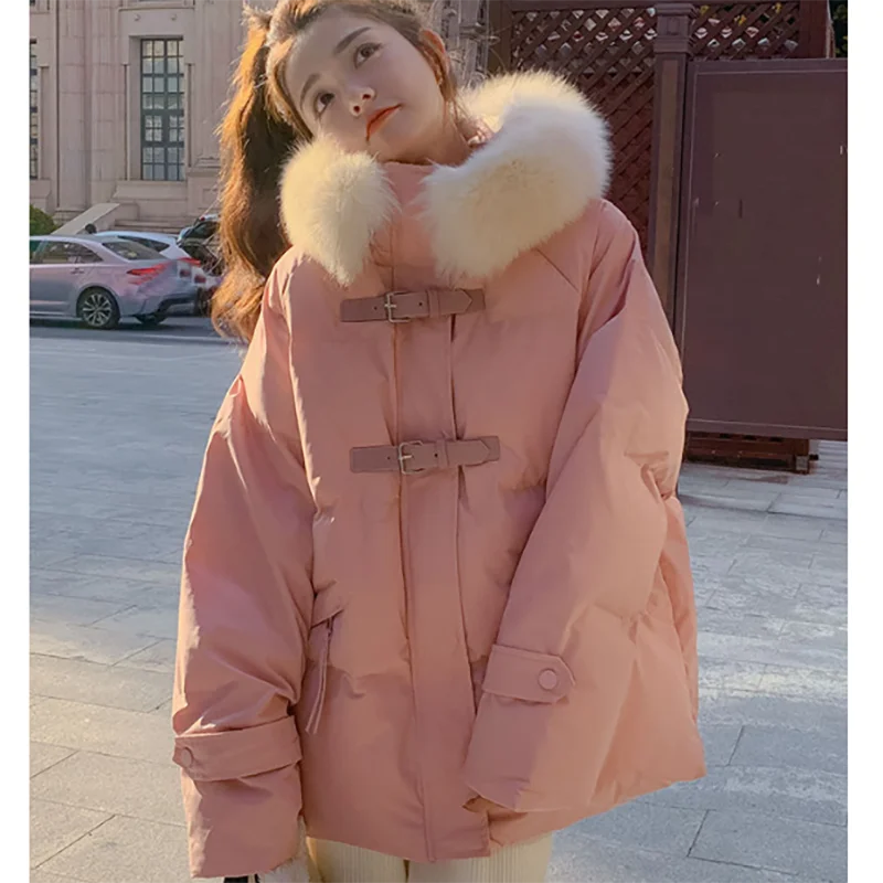 

2023 Winter Women Loose Cotton Jacket Big Fur Collar Hooded Fashion Sweet Elegant Warm Parkas Female Korean Casual Thicken Coat