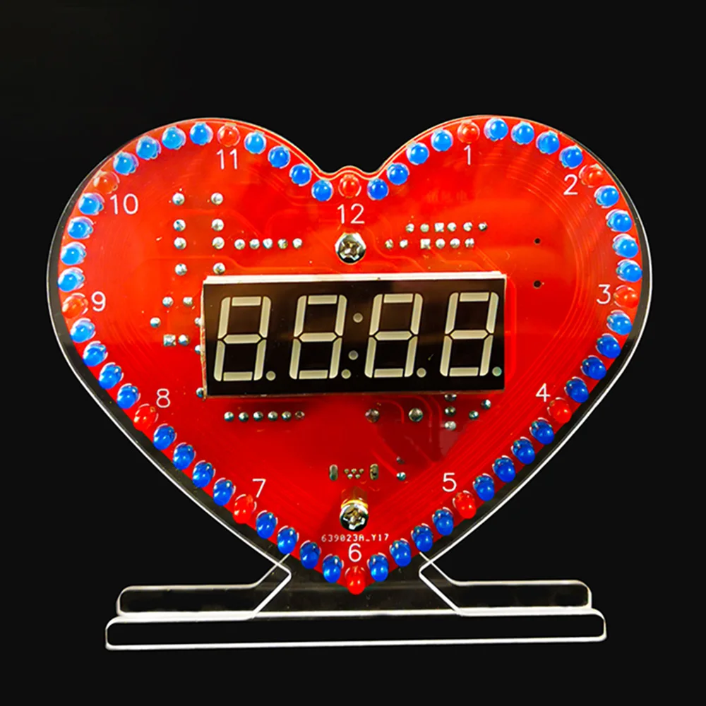 Heart Shaped 4-Digit DIY Clock Kits with LED Lights Date/Time/Temperature/Week Alarm Clock Soldering Suite for Christmas Gifts