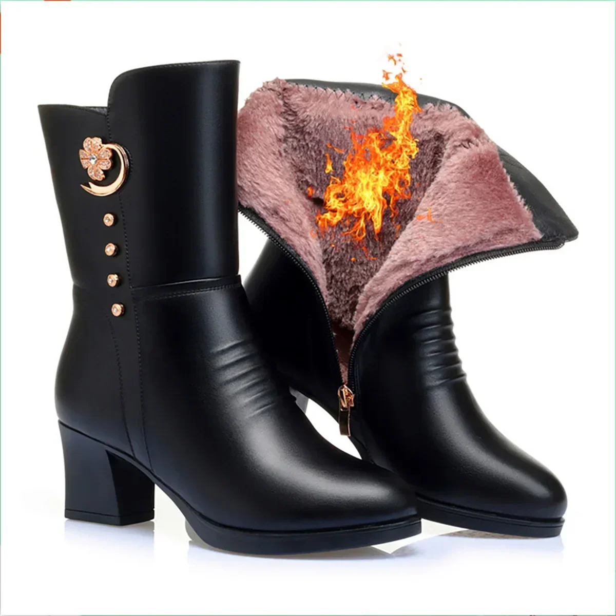 أحذية نسائية موضة مريحة أحذية الكاحل الشتاء سميكة أفخم مريحة عالية الكعب حجم كبير في الهواء الطلق عدم الانزلاق التمهيد الأوسط الدافئ