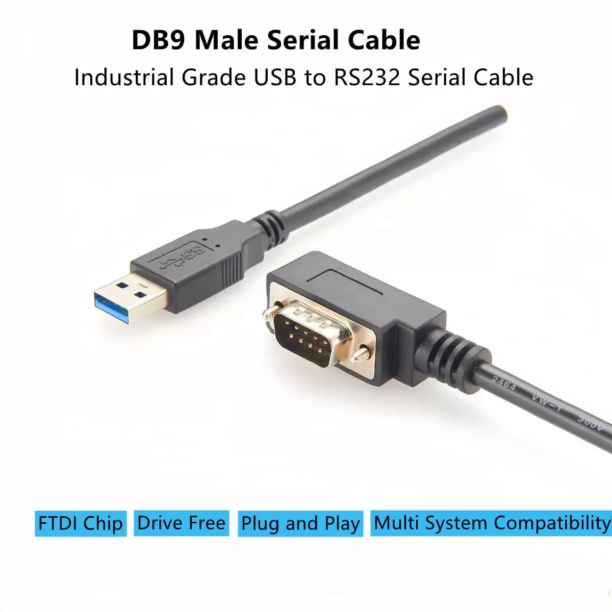  USB 2.0 Male to FTDI RS232 DB9 Male Right Angle Serial Cable Fast Data Transfer Adapter Cable Length 1Meter