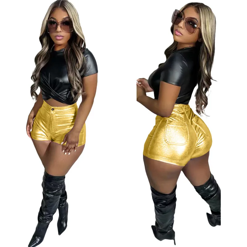 Summer Metallic Leather PU Women Shorts Fashion Pockets High Waist Bodycon Green Shorts Casual Party Clubwear Bottom Streetwear