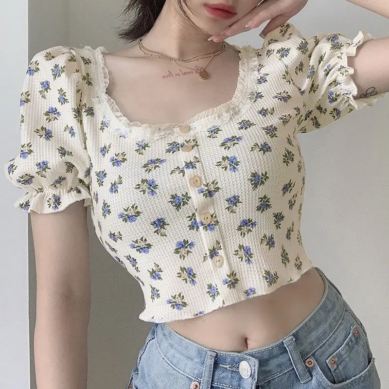 Women Short Sleeve Tee T-shirts Summer Clothes 2024 New Korean Popular Style Chic Female Floral Print Lace Patched Crop Tops