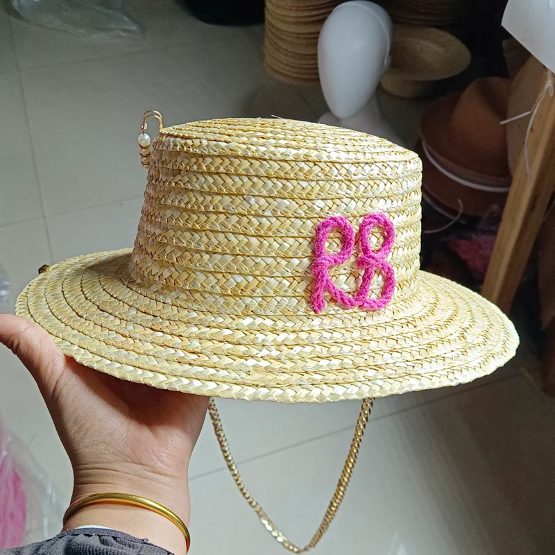 2024 New Summer Straw Hat Women\'s Chain Decoration Handmade Customized Letters Vacation Sun Hat Punk Style gorras para mujer