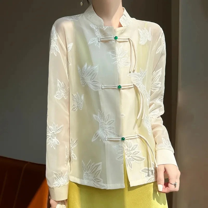 Sun Protection Shirt Women Summer New Chinese Style Tang Clothes Mesh Coat female Jacquard Vintage Button Down Top Loose Jacket