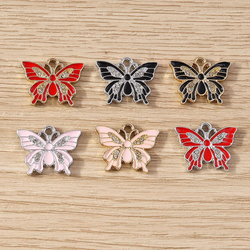 10pcs 19x15mm Cute Crystal Enamel Flying Butterfly Charms Pendants for Jewelry Making Drop Earrings Necklace DIY Crafts Supplies