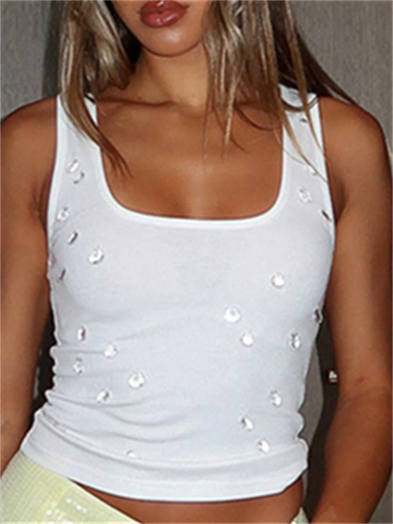 여성용 섹시한 라인스톤 크롭 캐미솔 탑 나이트클럽 파티 여름 착용