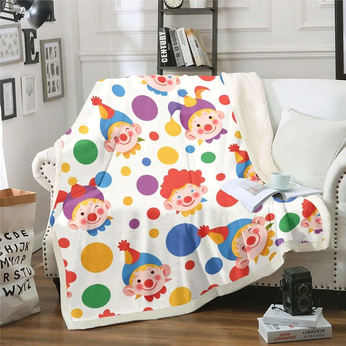 Clown Print Sherpa Blanket Soft Fleece Throw Cover for Kids Room Decor Cozy Living Room Bedding Warm Winter Gift for Children